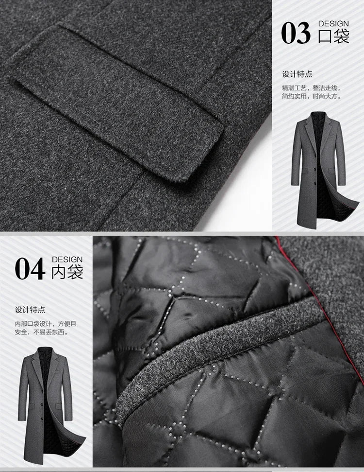 New autumn and winter high-quality wool black gray classic thick warm men's wool long windbreaker jacket 2025 coat men