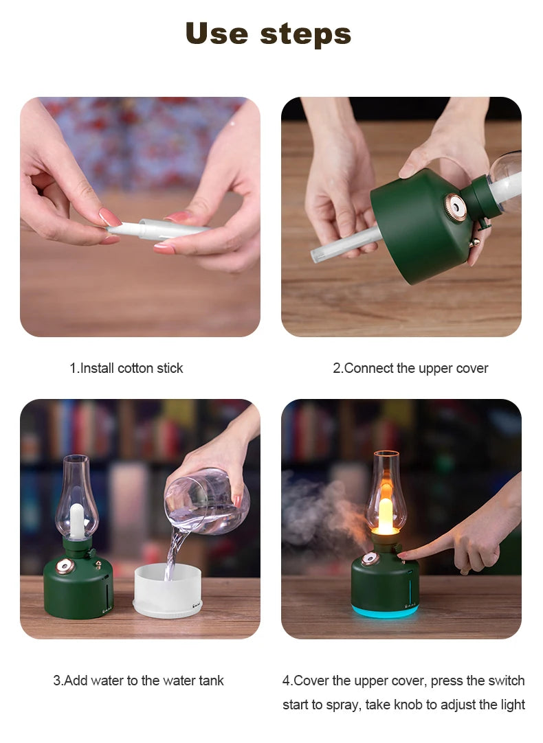 New Candlelight Retro Lamp Air Humidifier Wireless Aroma Diffuser Rechargeable Essential Oil 7 Color Lights Cool Mist for Home