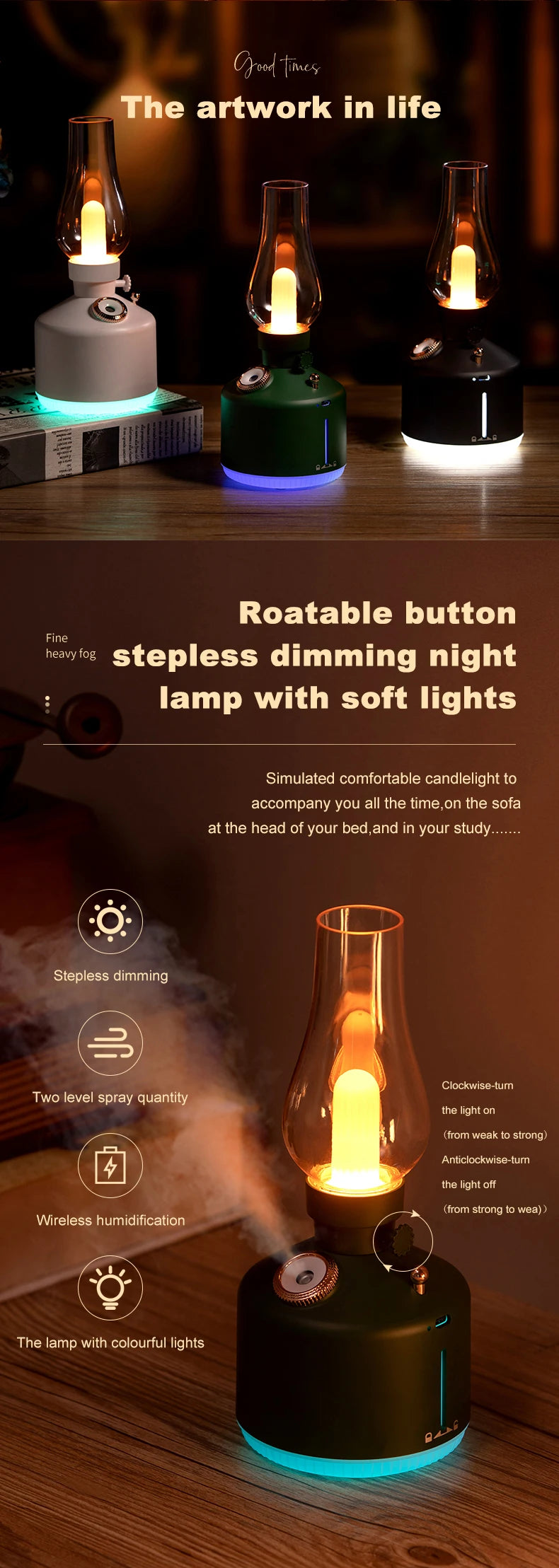 New Candlelight Retro Lamp Air Humidifier Wireless Aroma Diffuser Rechargeable Essential Oil 7 Color Lights Cool Mist for Home