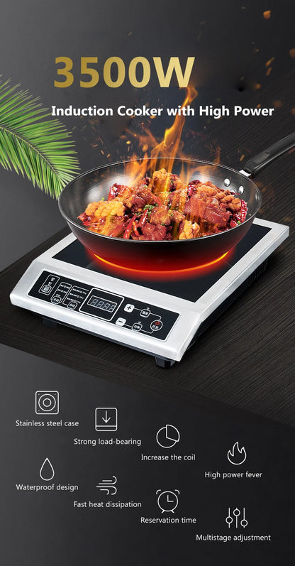 3500W Stainless Steel Induction Cooker Firepower Adjustable Stir-Fry Stew Furnace Commercial Canteen Cooktop 50KG Load-bearing