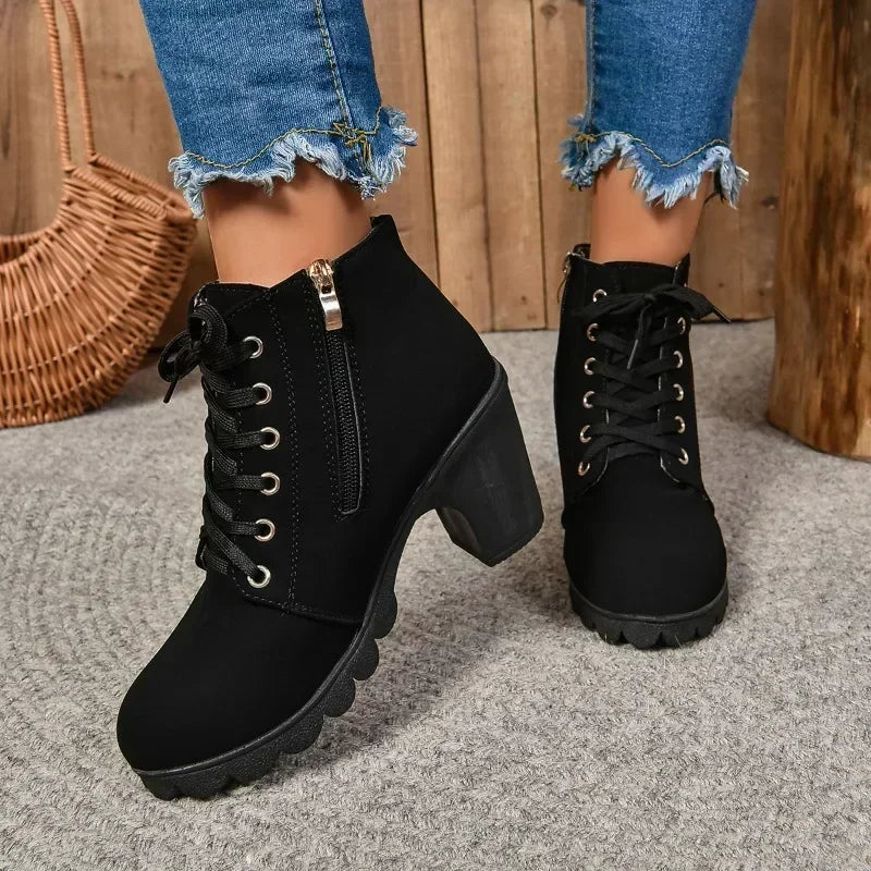 2024 Women Shoes Women Fashion High Heel Lace Up Ankle Boots Ladies Buckle Platform Artificial Leather Shoes Bota Feminina