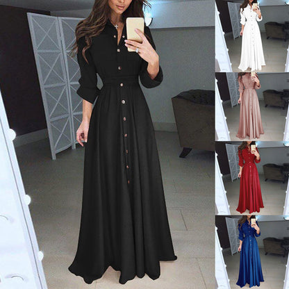 2024 Spring Long Sleeve Shirt Dresses Elegant Belted Maxi Dress for Women White Solid Casual Lapel Party Holiday Long Dress Robe