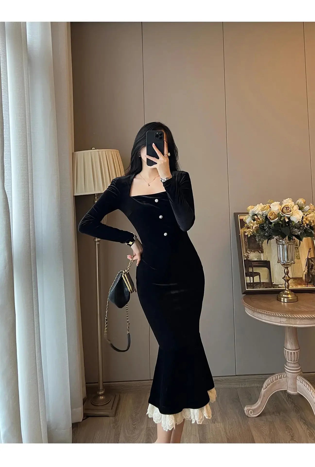 Elegant French Haban Style Fish Tail Skirt Spring Autumn Soft High Class Square Collar Long Sleeve Black Velvet Long Dress