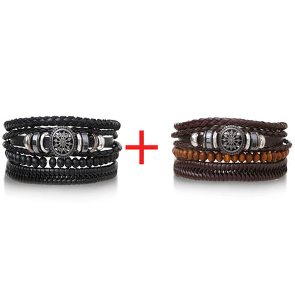 4Pcs/ Set Braided Wrap Leather Bracelets for Men Vintage Life Tree Rudder Charm Wood Beads Ethnic Tribal Wristband Rope Bracelet