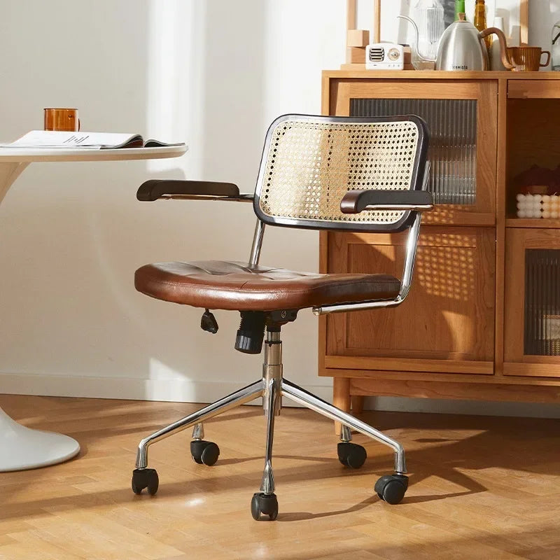 New Japanese Rattan Computer Chair Retro Rotating Chair Comfortable Study Desk Breathable Armrest Rattan Chair Office Furniture