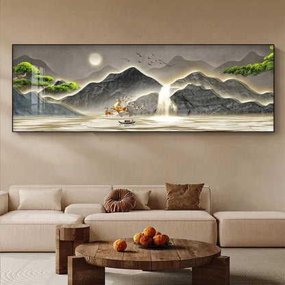 New Chinese Fengshui Mountain Canvas Painting Luxury Deer Landscape Posters Wall Pictures for Living Room Bedroom Decor Unframed