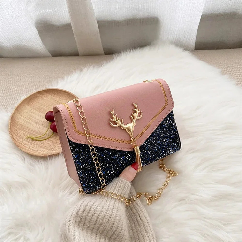 Fashion Women Shoulder Bag Deer Head Decoration Messenger Bags Pu Leather Button Underarm Luxury Chain Lady Small Square Handbag