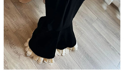 Elegant French Haban Style Fish Tail Skirt Spring Autumn Soft High Class Square Collar Long Sleeve Black Velvet Long Dress