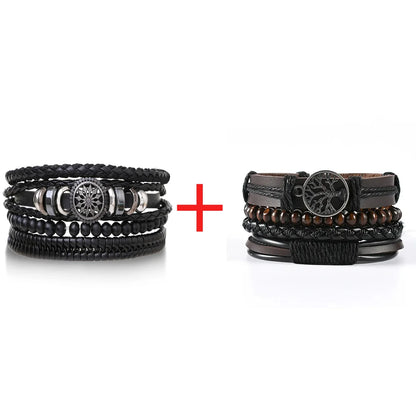 4Pcs/ Set Braided Wrap Leather Bracelets for Men Vintage Life Tree Rudder Charm Wood Beads Ethnic Tribal Wristband Rope Bracelet