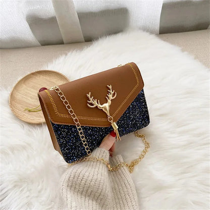 Fashion Women Shoulder Bag Deer Head Decoration Messenger Bags Pu Leather Button Underarm Luxury Chain Lady Small Square Handbag