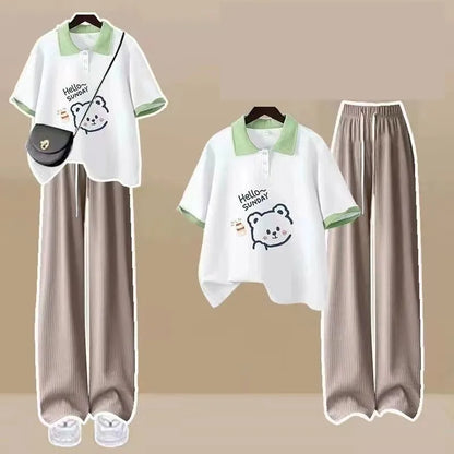 Women's Summer New Cartoon Loose Tracksuit Matching Set Korean Loose Bear Polo Short-sleeve T-shirt+Wide Leg Pant Two Piece Suit