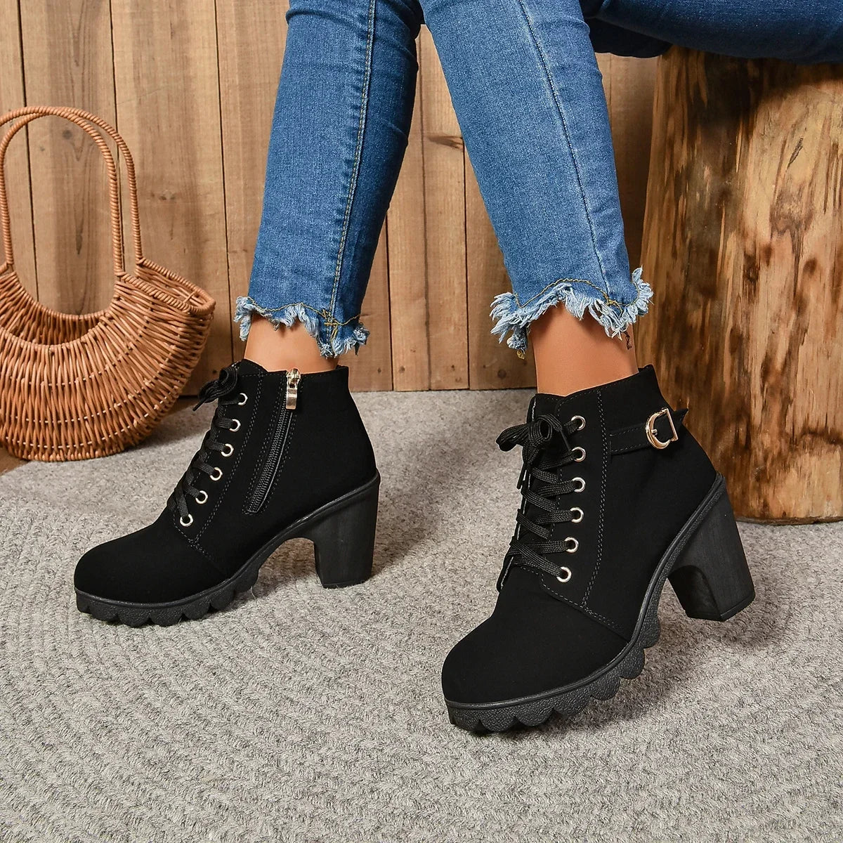 2024 Women Shoes Women Fashion High Heel Lace Up Ankle Boots Ladies Buckle Platform Artificial Leather Shoes Bota Feminina