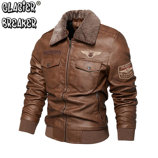 Men's Autumn And Winter Embroidery Original Leather Moto & Biker Coat Jacket Motorcycle Style Casual Warm Overcoat