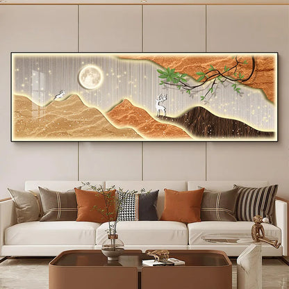 New Chinese Fengshui Mountain Canvas Painting Luxury Deer Landscape Posters Wall Pictures for Living Room Bedroom Decor Unframed