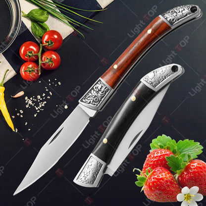 Stainless Steel Folding Pocket Knife Fruit Knife Wooden Handle Multifunctional Meat Cutting for Easy Carrying Kitchen Knives