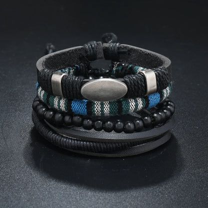 4Pcs/ Set Braided Wrap Leather Bracelets for Men Vintage Life Tree Rudder Charm Wood Beads Ethnic Tribal Wristband Rope Bracelet