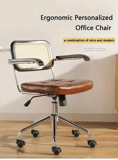 New Japanese Rattan Computer Chair Retro Rotating Chair Comfortable Study Desk Breathable Armrest Rattan Chair Office Furniture