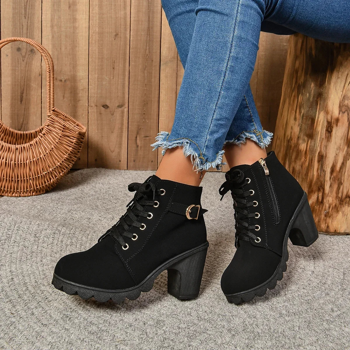 2024 Women Shoes Women Fashion High Heel Lace Up Ankle Boots Ladies Buckle Platform Artificial Leather Shoes Bota Feminina