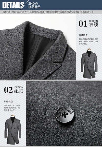 New autumn and winter high-quality wool black gray classic thick warm men's wool long windbreaker jacket 2025 coat men