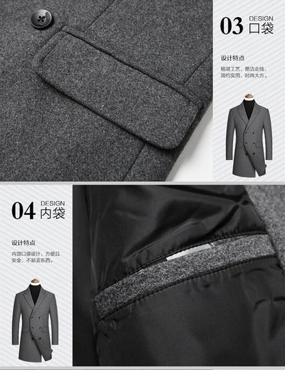 New autumn and winter high-quality wool black gray classic thick warm men's wool long windbreaker jacket 2025 coat men