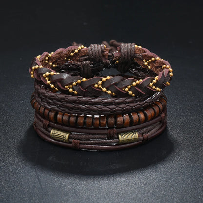 4Pcs/ Set Braided Wrap Leather Bracelets for Men Vintage Life Tree Rudder Charm Wood Beads Ethnic Tribal Wristband Rope Bracelet