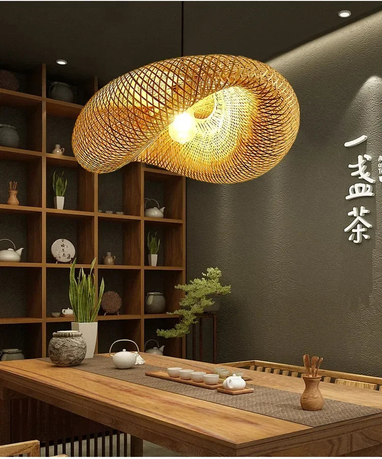 Bamboo Hand Weaving Pendant Lights 38cm Hanging LED Ceiling Lamp Chandelier Fixture Rattan Hand Craft Woven Home Bedroom Decor