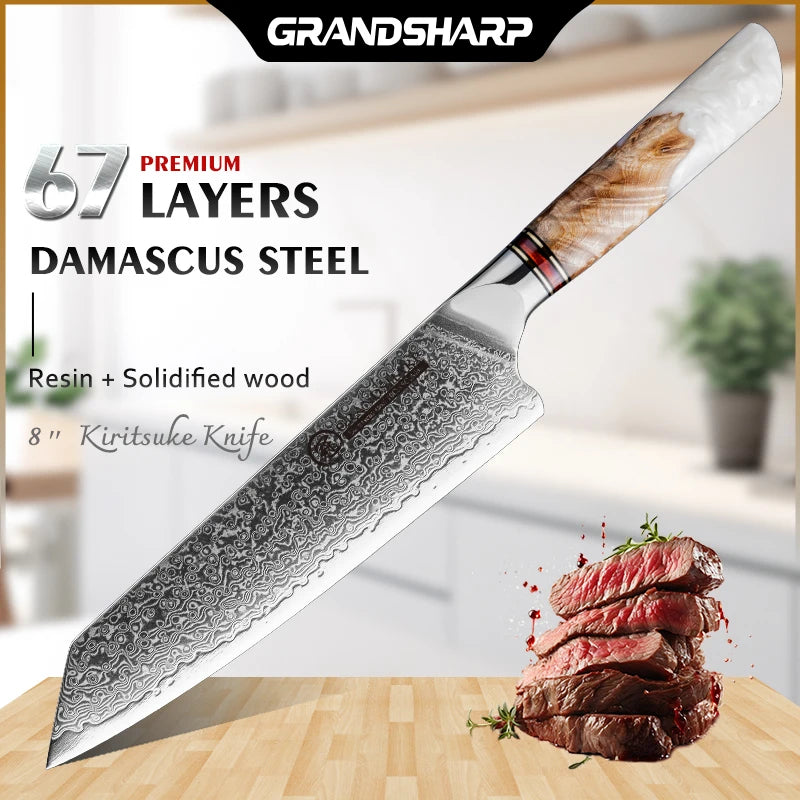 Grandsharp 8 Inch Kiritsuke Knife 67 Layers Damascus 10Cr15C0Mov Steel Kitchen Knives Vegetable Meat Food Cooking Tools with Box