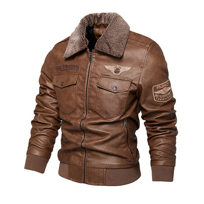 Men's Autumn And Winter Embroidery Original Leather Moto & Biker Coat Jacket Motorcycle Style Casual Warm Overcoat