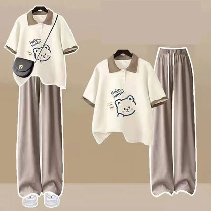 Women's Summer New Cartoon Loose Tracksuit Matching Set Korean Loose Bear Polo Short-sleeve T-shirt+Wide Leg Pant Two Piece Suit