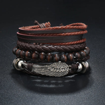 4Pcs/ Set Braided Wrap Leather Bracelets for Men Vintage Life Tree Rudder Charm Wood Beads Ethnic Tribal Wristband Rope Bracelet