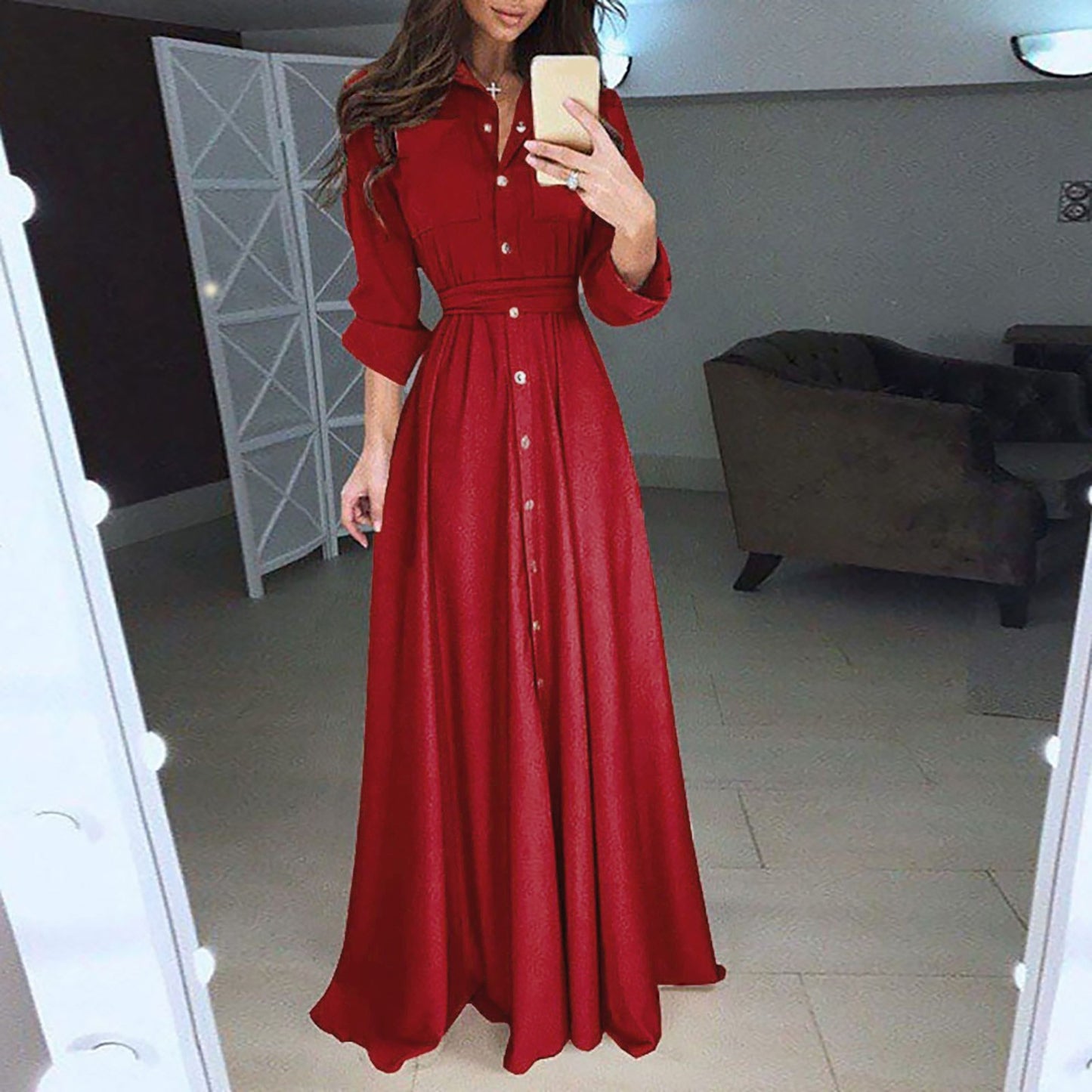 2024 Spring Long Sleeve Shirt Dresses Elegant Belted Maxi Dress for Women White Solid Casual Lapel Party Holiday Long Dress Robe