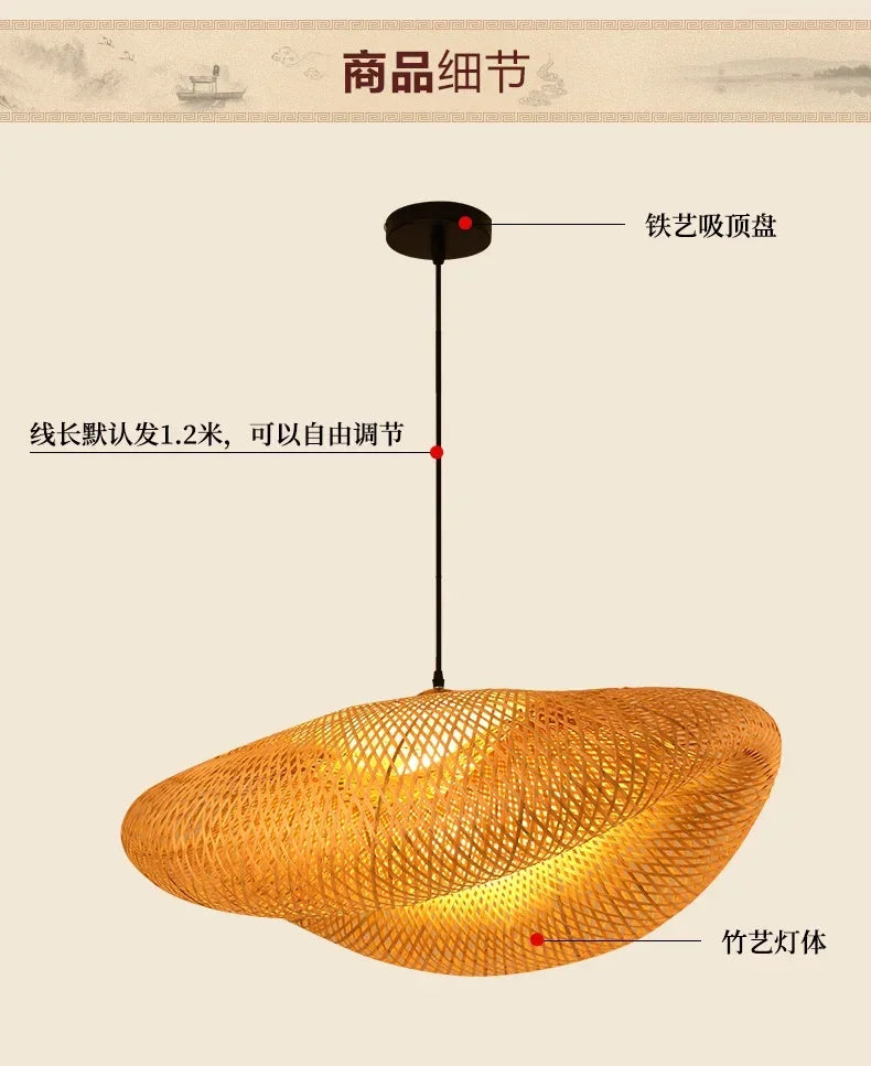 Bamboo Hand Weaving Pendant Lights 38cm Hanging LED Ceiling Lamp Chandelier Fixture Rattan Hand Craft Woven Home Bedroom Decor