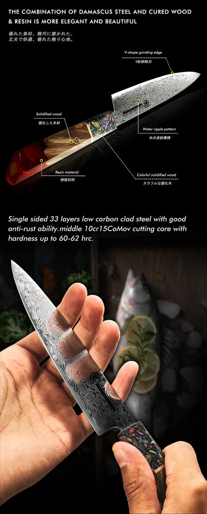 Grandsharp 5.5 Inch Utility Knife Ultra Sharp Japanese Damascus Steel 67 Layers Chef's Kitchen Cooking Tools Red White Handle