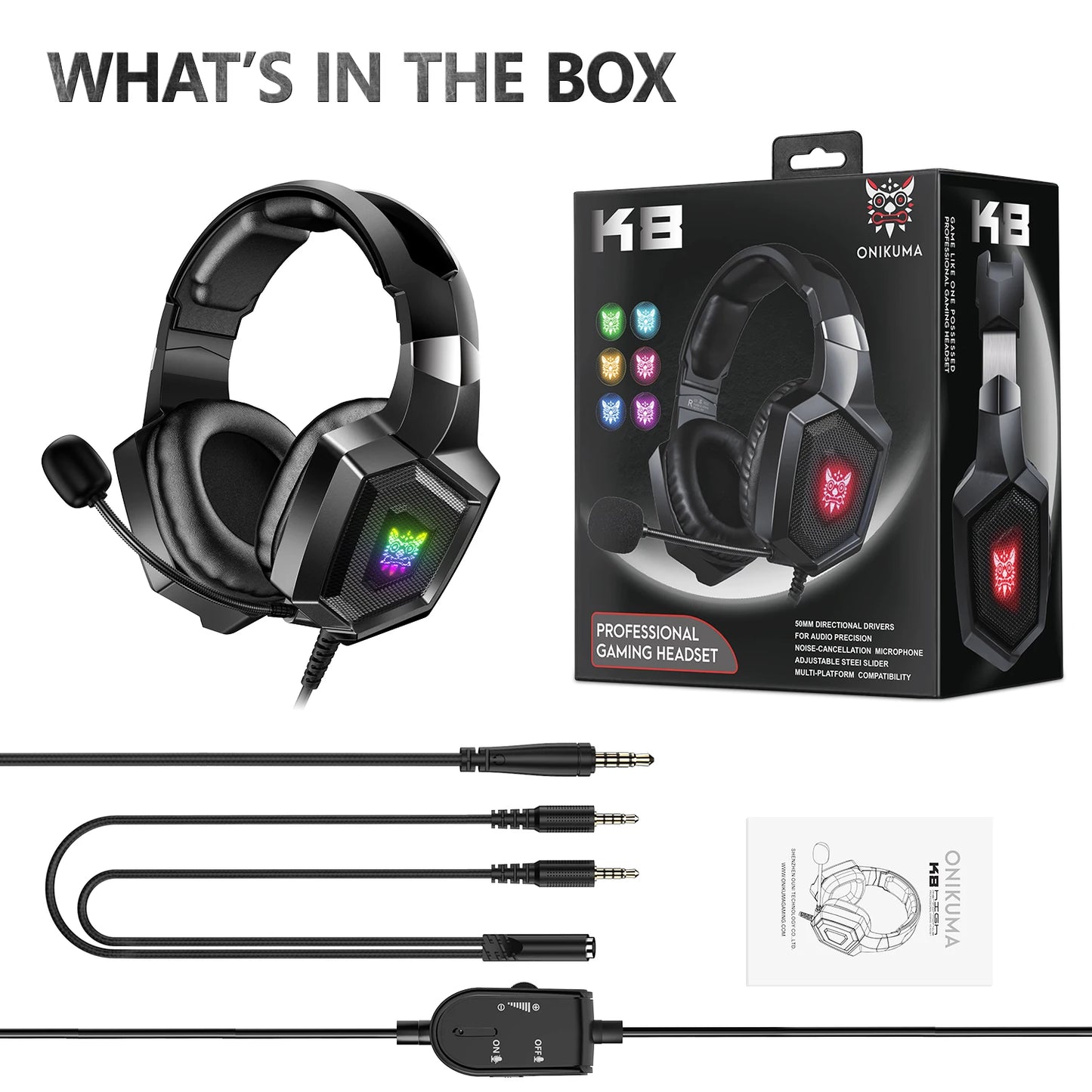 ONIKUMA K8 Gaming Headphones with Flexible HD Mic RGB Light Surround Sound Over-Ear Wired Headset Gamer for PC Gaming Xbox