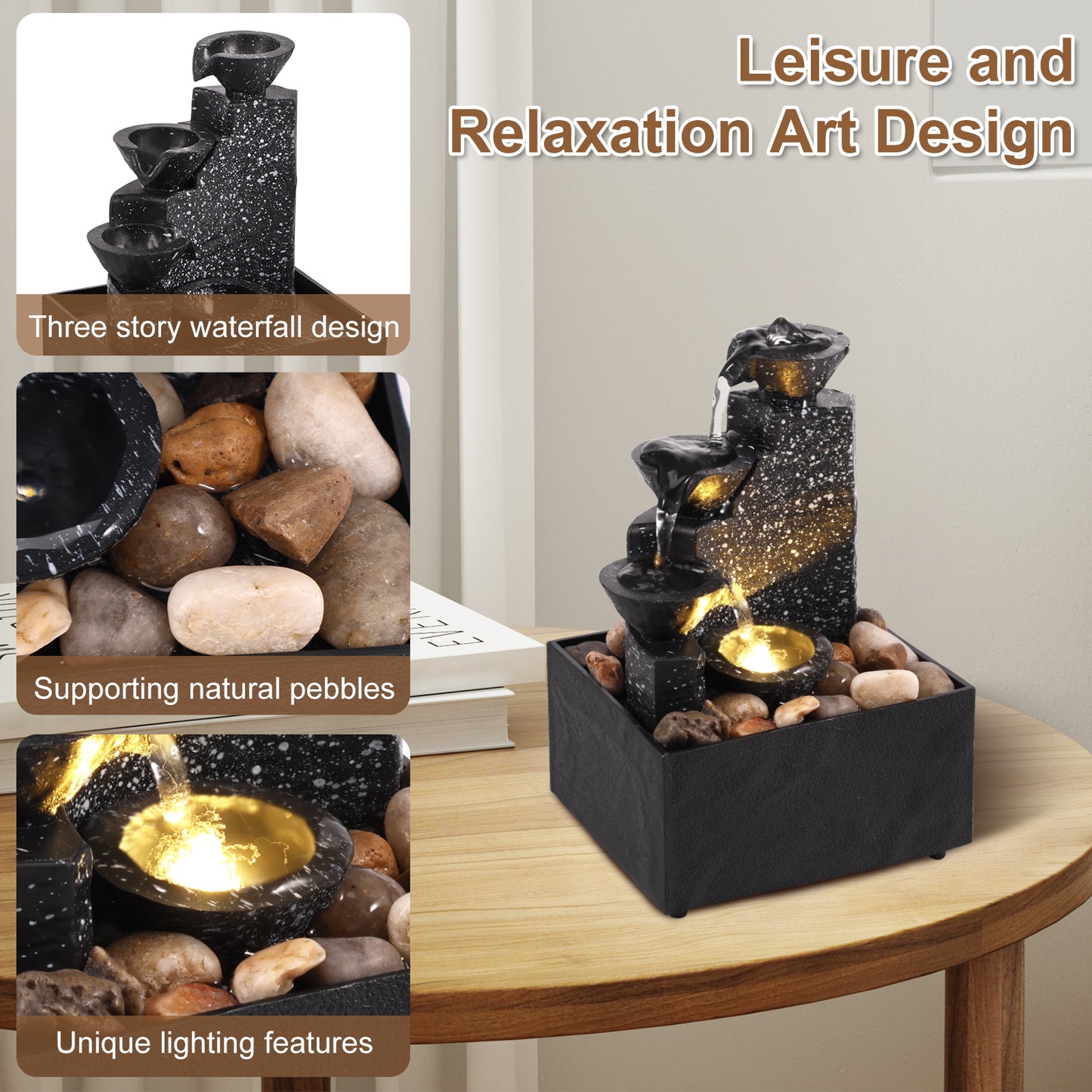 Tabletop Waterfall Home Decor Relaxation Meditation Desktop Fountain with Soft Lights Flowing Water Ornaments Mother's Day Gifts