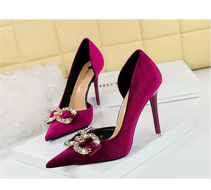 Fashion Women High Heel Rhinestone Buckle Bow Green Pink Pointed Toe Party Pumps Velvet Luxury Elegant Wedding Evening Shoes