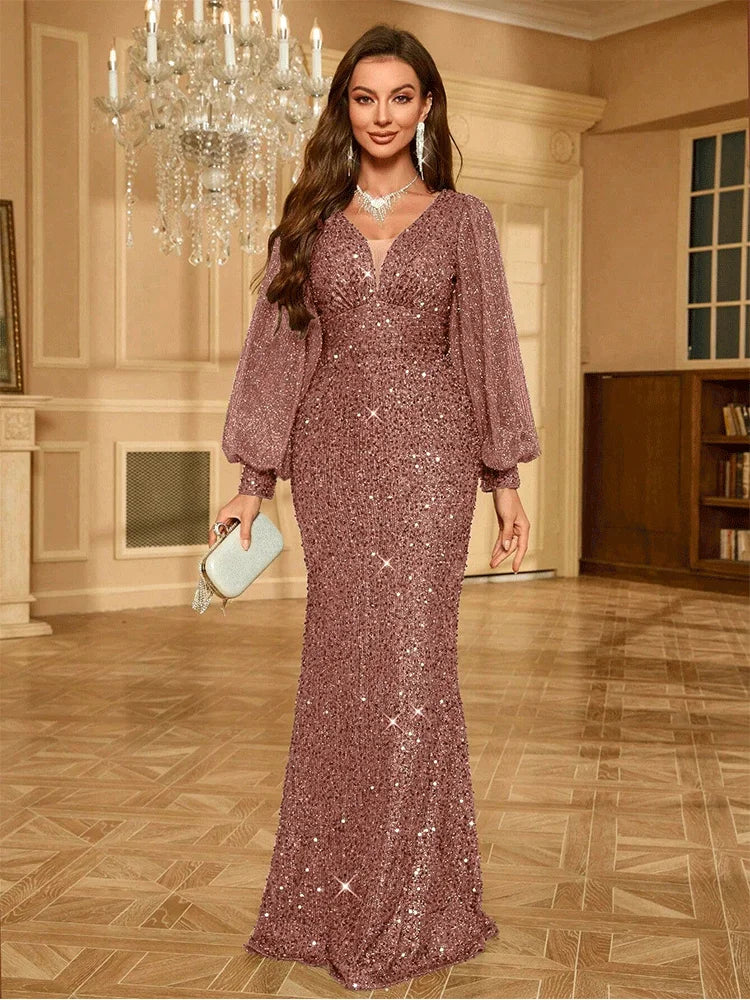 V-Neck Slim Fit Long Sleeve Apricot Sequined Floor-Length Evening Dress For Women Shiny Multi-Color Banquet Festival Prom Gown