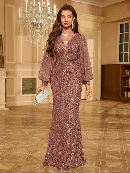 V-Neck Slim Fit Long Sleeve Apricot Sequined Floor-Length Evening Dress For Women Shiny Multi-Color Banquet Festival Prom Gown