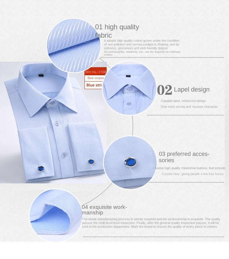 M~6XL Men's French Cuff Dress Shirt 2024New White Long Sleeve Formal Business Buttons Male Shirts Regular Fit Cufflinks Shirt