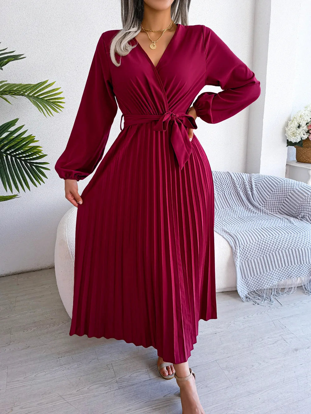 Women Elegant V Neck Long Sleeve Pleated Maxi Dress