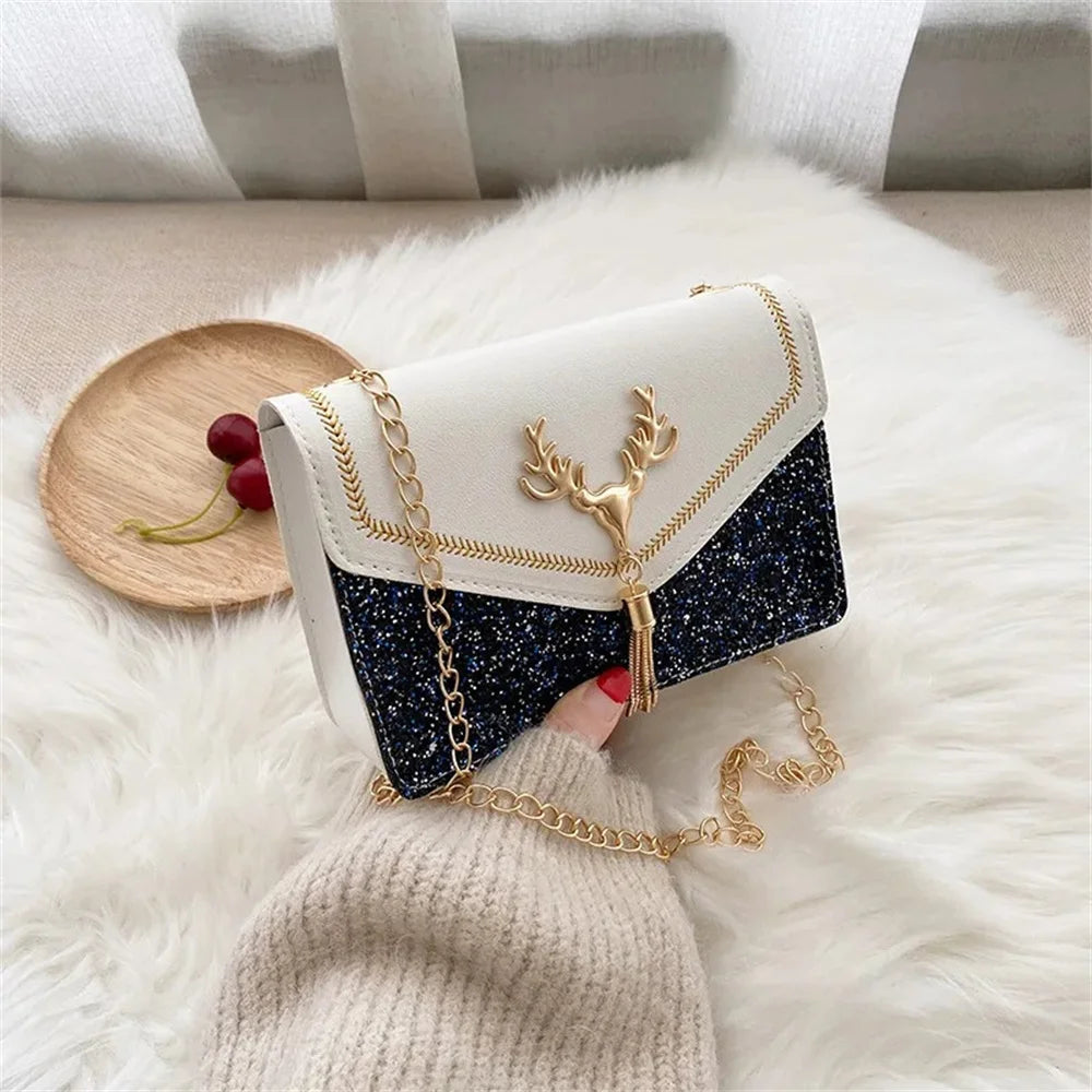 Fashion Women Shoulder Bag Deer Head Decoration Messenger Bags Pu Leather Button Underarm Luxury Chain Lady Small Square Handbag