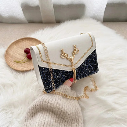 Fashion Women Shoulder Bag Deer Head Decoration Messenger Bags Pu Leather Button Underarm Luxury Chain Lady Small Square Handbag