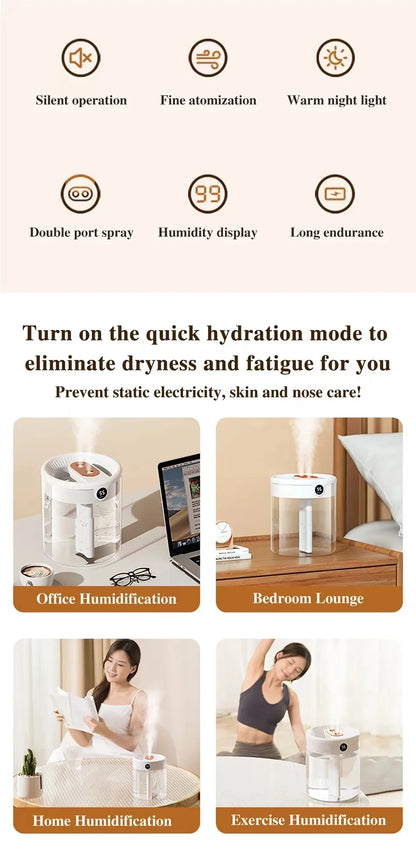 2L Humidifier Household Small Large Capacity Mute Bedroom Usb Office Desktop Portable Student Two Port Spray Water Supplement