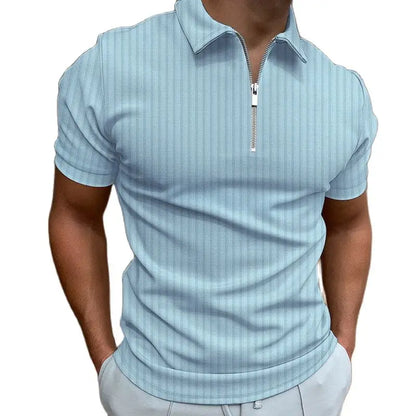 Men's Fashion Polo Shirts 2023 Summer Stripe Zipper Mens Polo Shirt Solid T-Shirt Brand Short-Sleeved Shirt Casual Slim Tops