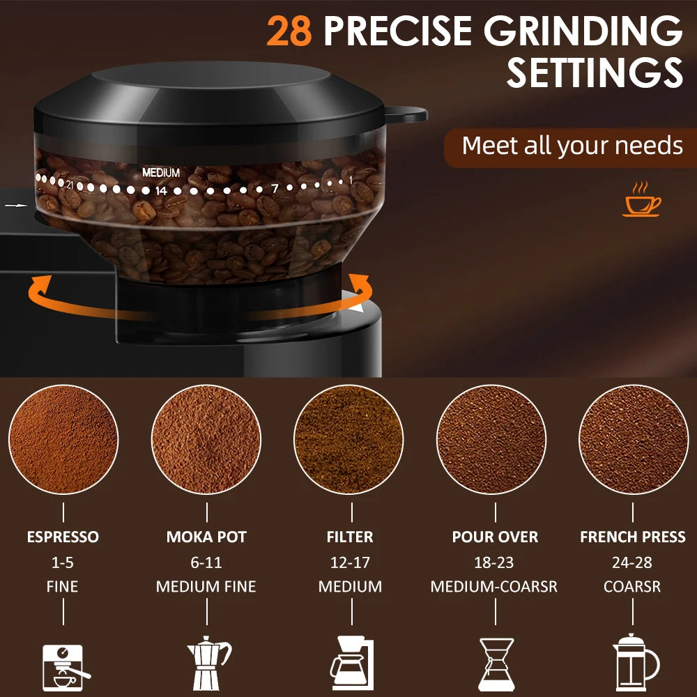 Automatic Burr Mill Coffee Grinder Electric Coffee Bean Grinding With 28 Adjustable Gears for Espresso French Press Drip Coffee