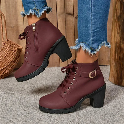 2024 Women Shoes Women Fashion High Heel Lace Up Ankle Boots Ladies Buckle Platform Artificial Leather Shoes Bota Feminina