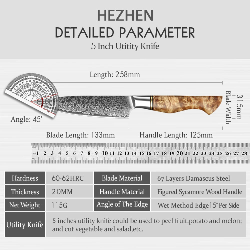 HEZHEN 5 inch Utility Knife Real 67 Layer Damascus Super Steel Super Cook Knife Pretty Peeling Knife Super Sharp Kitchen Knife