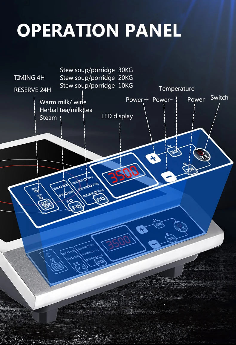 3500W Stainless Steel Induction Cooker Firepower Adjustable Stir-Fry Stew Furnace Commercial Canteen Cooktop 50KG Load-bearing