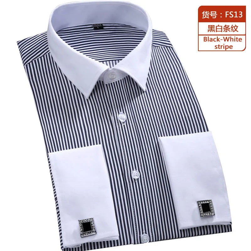 M~6XL Men's French Cuff Dress Shirt 2024New White Long Sleeve Formal Business Buttons Male Shirts Regular Fit Cufflinks Shirt