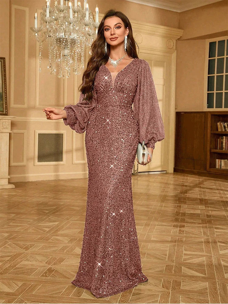 V-Neck Slim Fit Long Sleeve Apricot Sequined Floor-Length Evening Dress For Women Shiny Multi-Color Banquet Festival Prom Gown